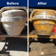 A before and after image of GTR Premium concrete remover applied to a concrete mixer