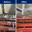 Before and After image of concrete remover being applied to scaffolding equipment